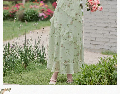 Spaghetti Strap Floral Print Ruffled Midi A-Line Dress / Plain Cardigan / Set SpreePicky