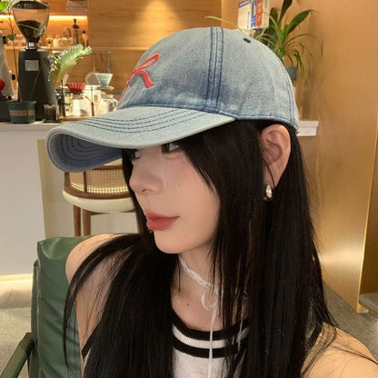 Bow Embroidered Washed Denim Baseball Cap SpreePicky