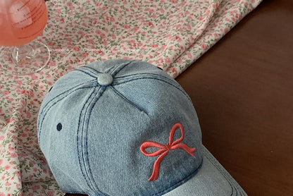 Bow Embroidered Washed Denim Baseball Cap SpreePicky