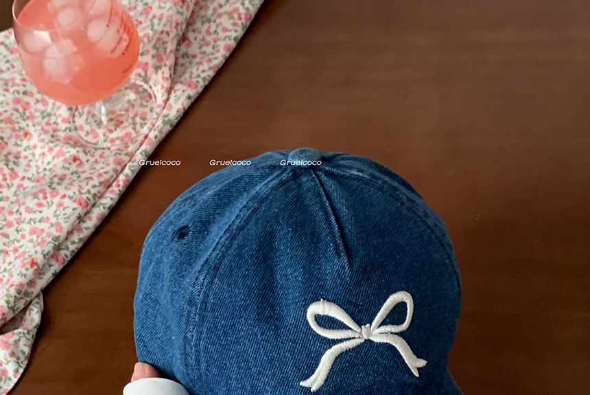 Bow Embroidered Washed Denim Baseball Cap SpreePicky