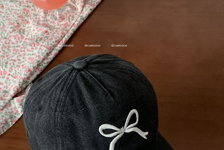 Bow Embroidered Washed Denim Baseball Cap SpreePicky