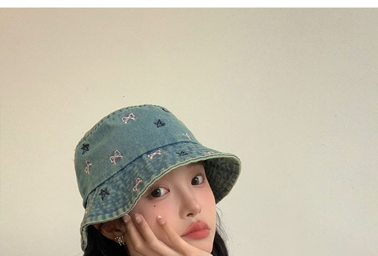 Embroidered Washed Denim Bucket Hat SpreePicky