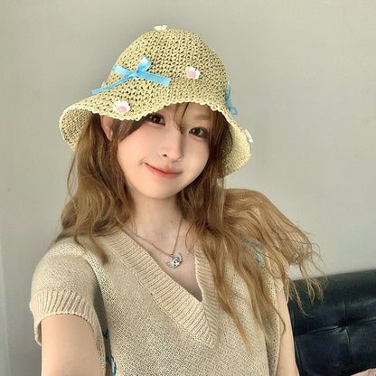 Floral Bow Straw Bucket Hat SpreePicky