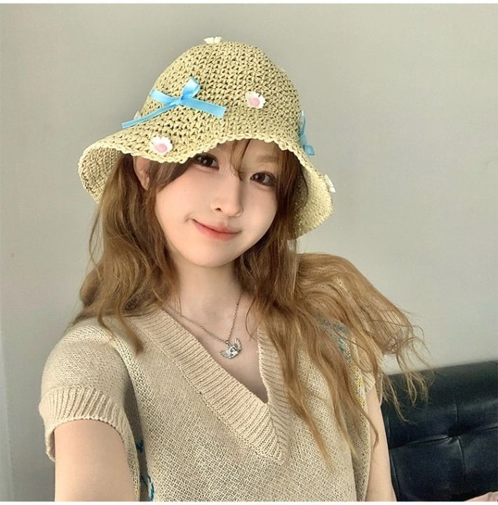 Floral Bow Straw Bucket Hat SpreePicky