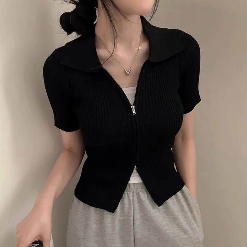 Short-Sleeve Collar Plain Ribbed Zip Knit Top SpreePicky