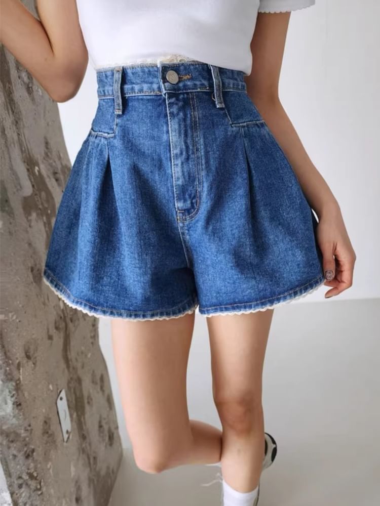 High Waist Lace Trim Washed Denim Shorts SpreePicky