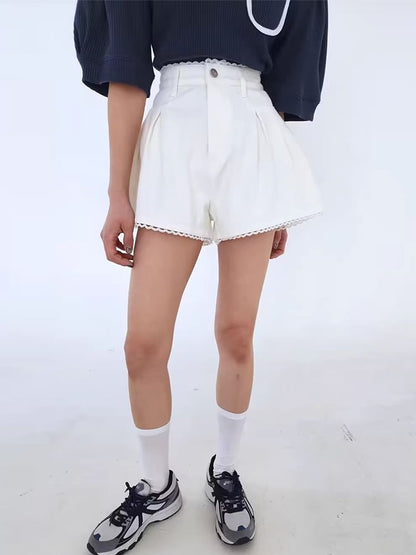 High Waist Lace Trim Washed Denim Shorts SpreePicky