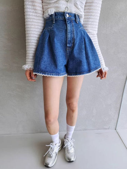 High Waist Lace Trim Washed Denim Shorts SpreePicky