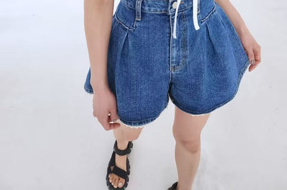 High Waist Lace Trim Washed Denim Shorts SpreePicky