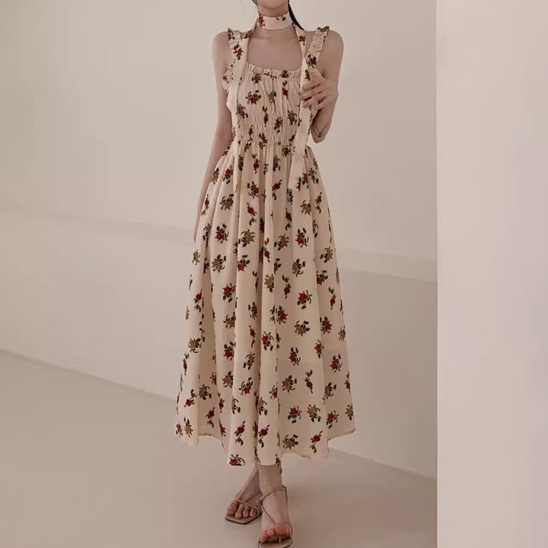 Sleeveless Square Neck Floral Midi A-Line Dress SpreePicky