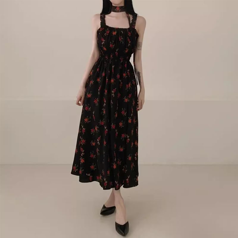 Sleeveless Square Neck Floral Midi A-Line Dress SpreePicky