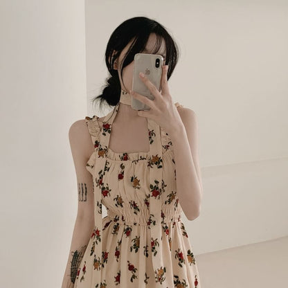 Sleeveless Square Neck Floral Midi A-Line Dress SpreePicky