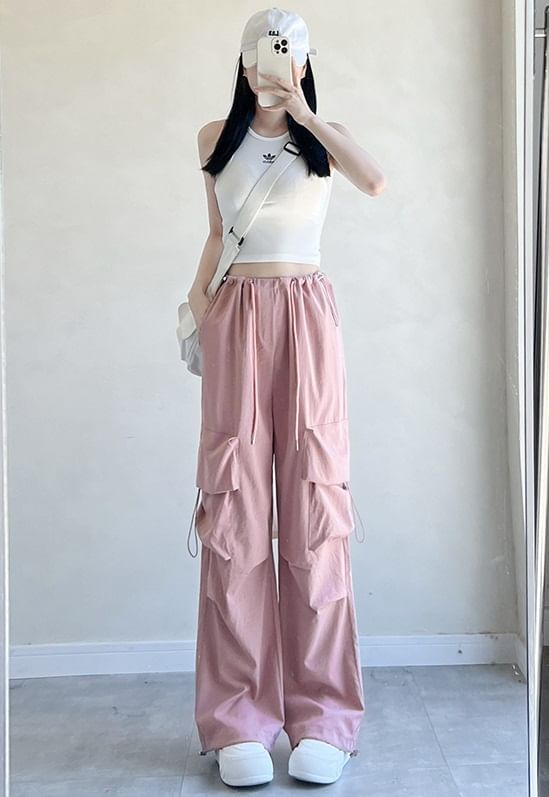 High Rise Drawstring Pocket Plain Wide Leg Parachute Cargo Pants SpreePicky