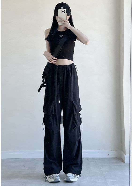 High Rise Drawstring Pocket Plain Wide Leg Parachute Cargo Pants SpreePicky