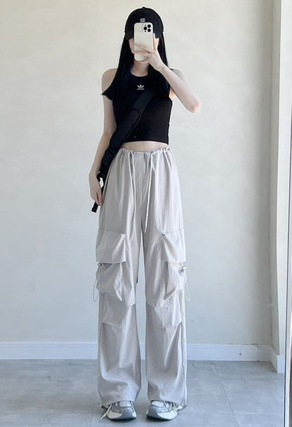 High Rise Drawstring Pocket Plain Wide Leg Parachute Cargo Pants SpreePicky