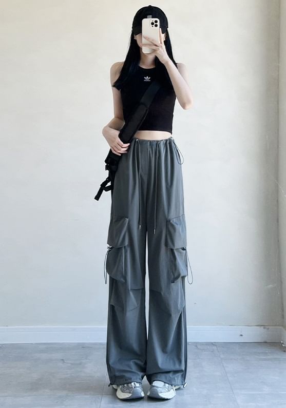 High Rise Drawstring Pocket Plain Wide Leg Parachute Cargo Pants SpreePicky