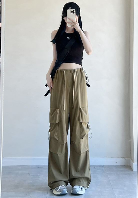 High Rise Drawstring Pocket Plain Wide Leg Parachute Cargo Pants SpreePicky