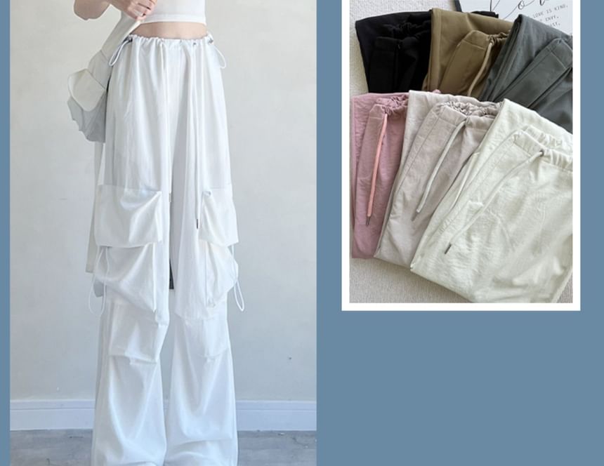 High Rise Drawstring Pocket Plain Wide Leg Parachute Cargo Pants SpreePicky