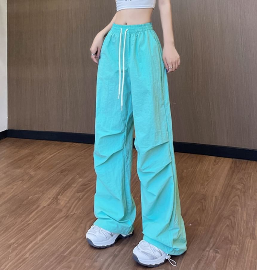 High Waist Drawstring Pocket Plain Wide Leg Gather Cuff Parachute Cargo Pants SpreePicky