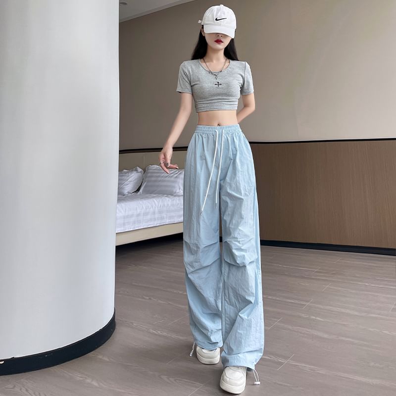 High Waist Drawstring Pocket Plain Wide Leg Gather Cuff Parachute Cargo Pants SpreePicky