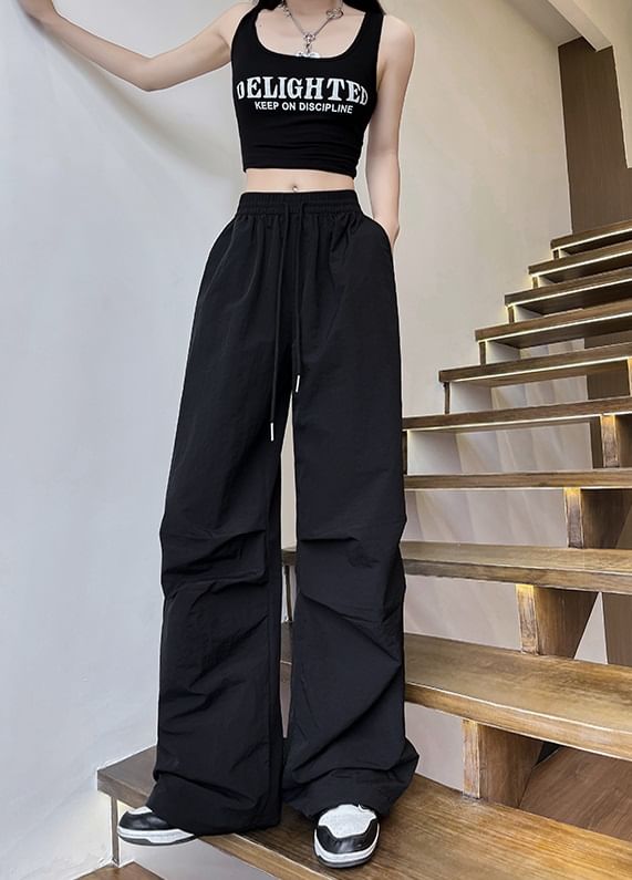 High Waist Drawstring Pocket Plain Wide Leg Gather Cuff Parachute Cargo Pants SpreePicky