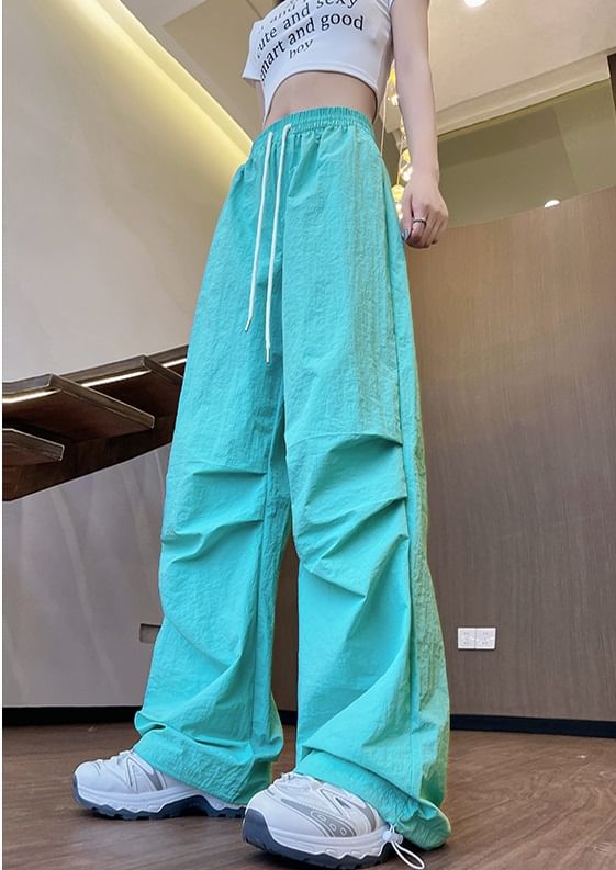 High Waist Drawstring Pocket Plain Wide Leg Gather Cuff Parachute Cargo Pants SpreePicky