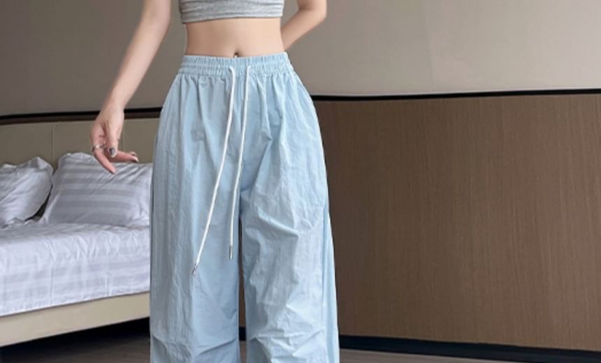 High Waist Drawstring Pocket Plain Wide Leg Gather Cuff Parachute Cargo Pants SpreePicky