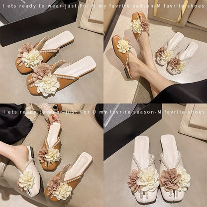 Flower Detail Faux Pearl Mules SpreePicky