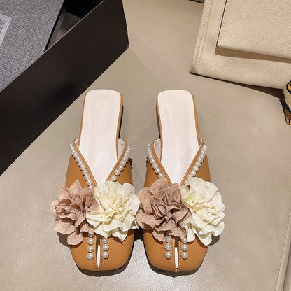 Flower Detail Faux Pearl Mules SpreePicky