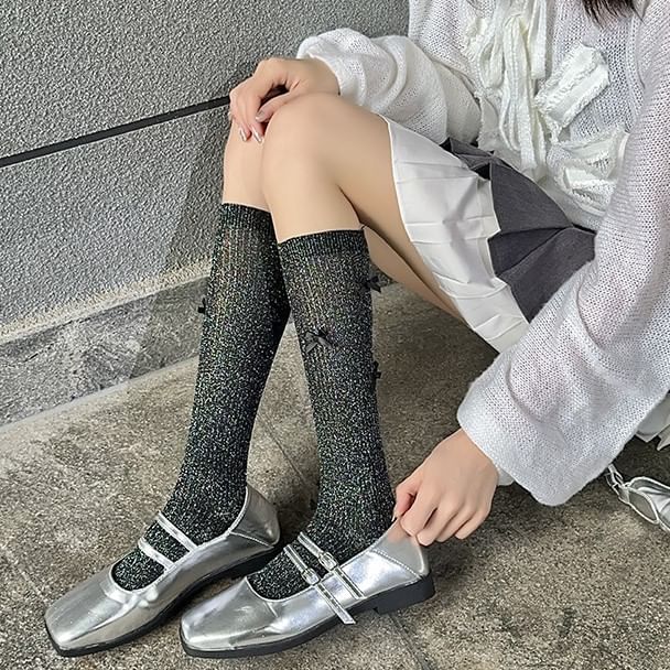 Bow Glitter Ribbed Knee High Socks mySite