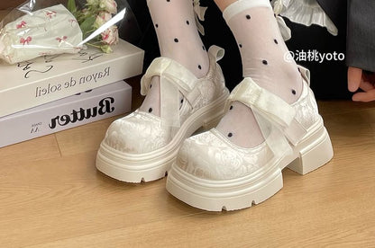 Platform Adhesive Strap Floral Jacquard Bow Accent Mary Jane Shoes SpreePicky