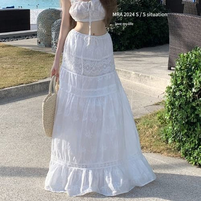 Mid Waist Plain Lace Trim Maxi A-Line Skirt SpreePicky