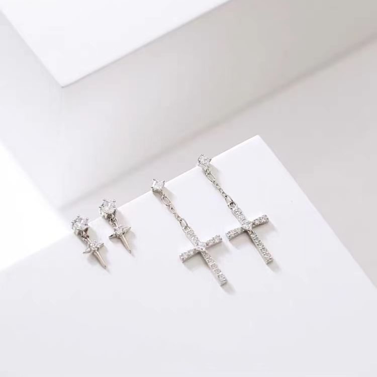 925 Sterling Silver Rhinestone Cross Asymmetrical Drop Earring SpreePicky