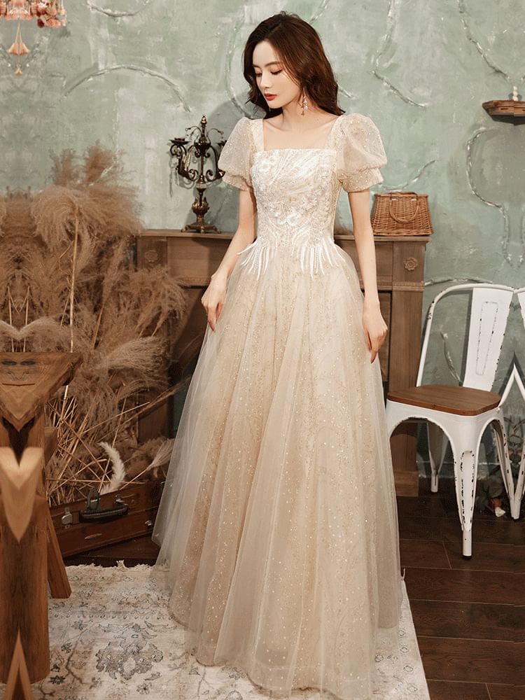 (Various Puff-Sleeve Sequined Gown Evening Square-Neck Designs) Floral A-Line FashionChic