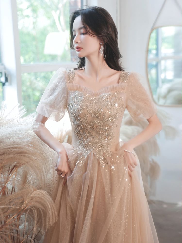 (Various Designs) Evening Puff-Sleeve Sequined A-Line Floral Gown Square-Neck FashionChic