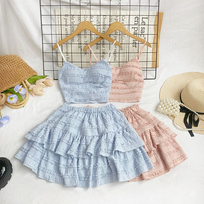 Set: Plain Lace Crop Cami Top + Elastic Waist Tiered Mini A-Line Skirt mySite