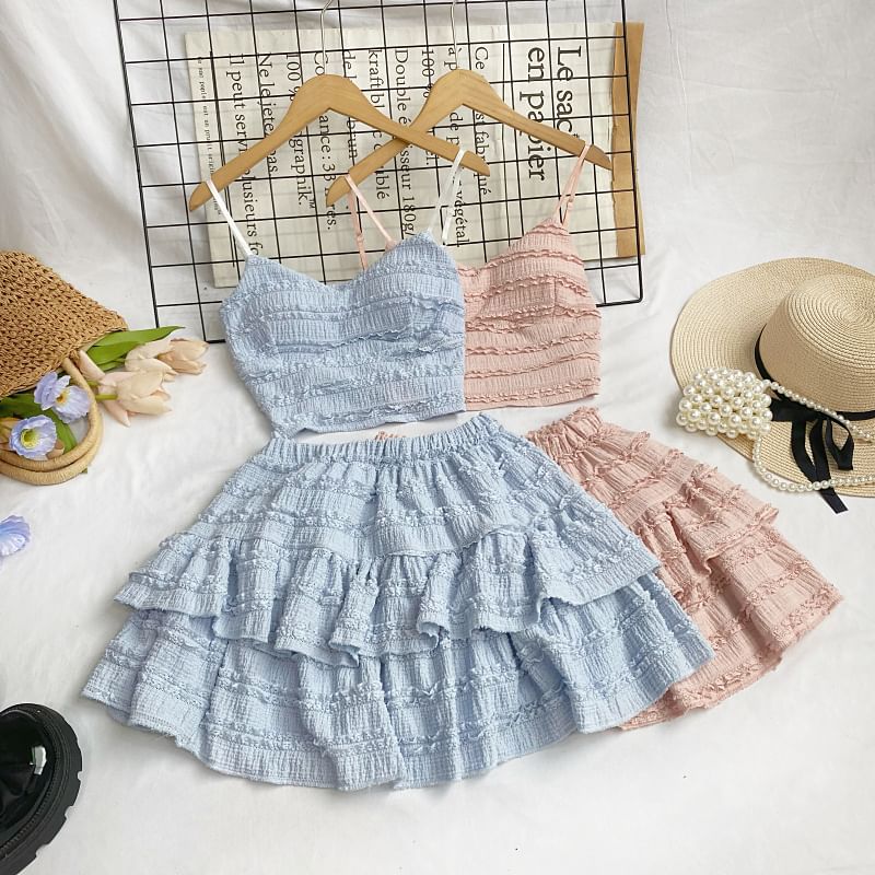 Set: Plain Lace Crop Cami Top + Elastic Waist Tiered Mini A-Line Skirt mySite