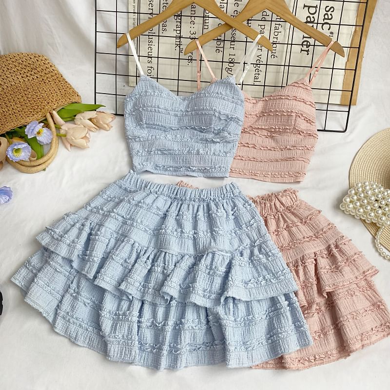 Set: Plain Lace Crop Cami Top + Elastic Waist Tiered Mini A-Line Skirt mySite