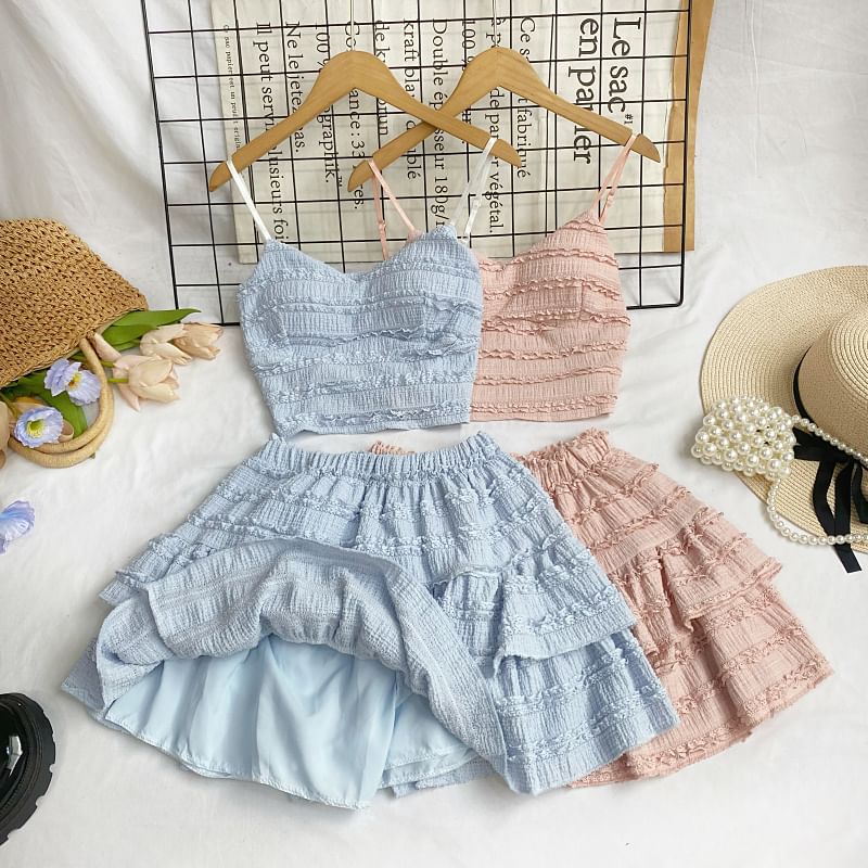 Set: Plain Lace Crop Cami Top + Elastic Waist Tiered Mini A-Line Skirt mySite