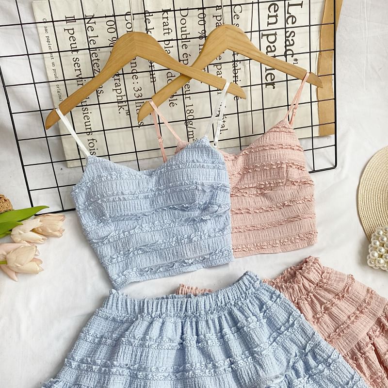 Set: Plain Lace Crop Cami Top + Elastic Waist Tiered Mini A-Line Skirt mySite