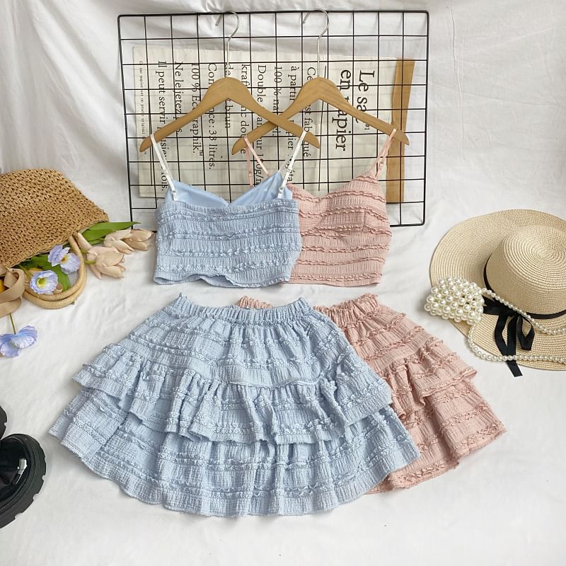 Set: Plain Lace Crop Cami Top + Elastic Waist Tiered Mini A-Line Skirt mySite