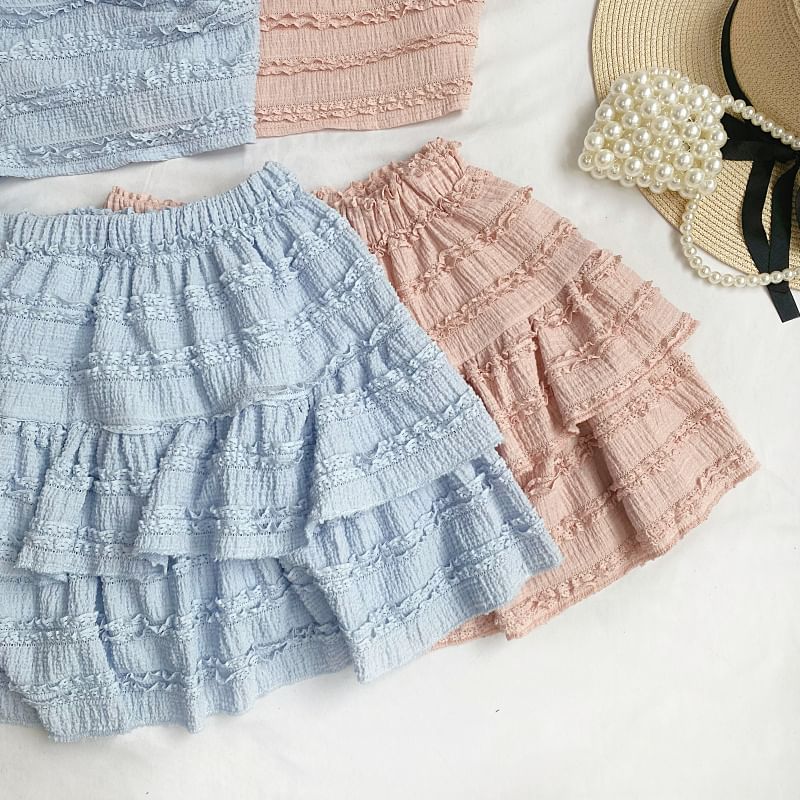 Set: Plain Lace Crop Cami Top + Elastic Waist Tiered Mini A-Line Skirt mySite