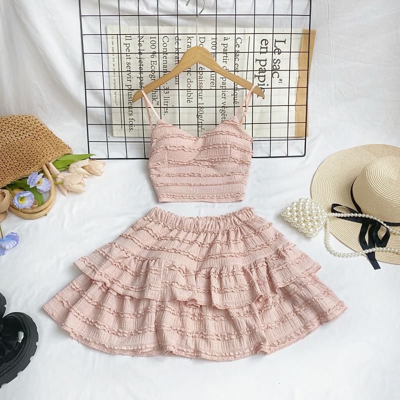 Set: Plain Lace Crop Cami Top + Elastic Waist Tiered Mini A-Line Skirt mySite