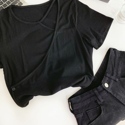 Mock Two-Piece Short-Sleeve Plain Asymmetrical Cutout Tee mySite