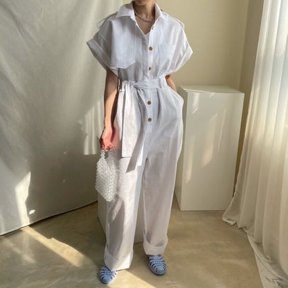 Short-Sleeve Collar Plain Button Wide Leg Jumpsuit SpreePicky