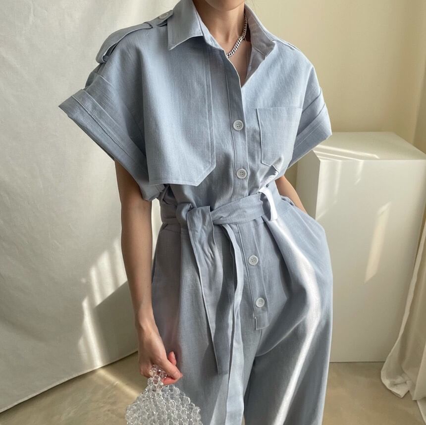 Short-Sleeve Collar Plain Button Wide Leg Jumpsuit SpreePicky