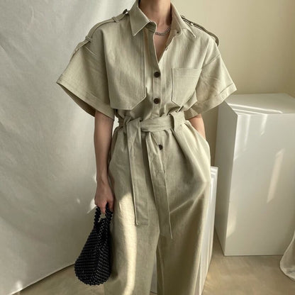 Short-Sleeve Collar Plain Button Wide Leg Jumpsuit SpreePicky