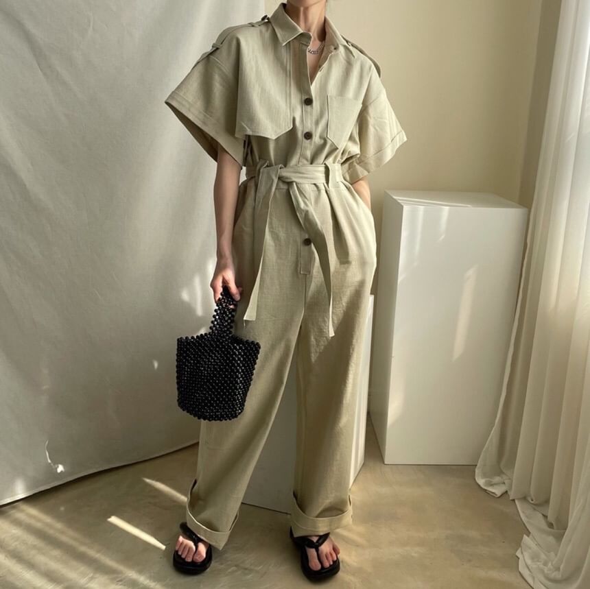 Short-Sleeve Collar Plain Button Wide Leg Jumpsuit SpreePicky