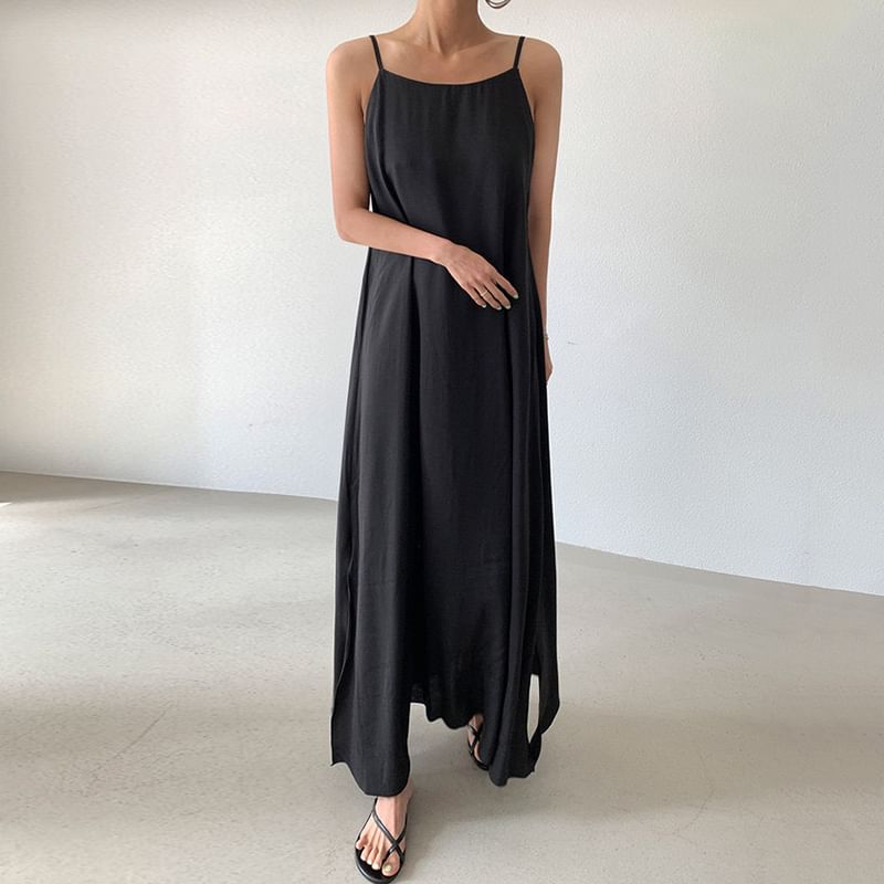 Spaghetti Strap Plain Slit Maxi A-Line Dress SpreePicky