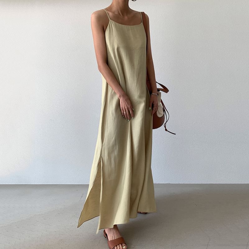 Spaghetti Strap Plain Slit Maxi A-Line Dress SpreePicky